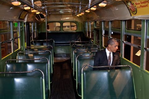 Barack Obama on the Rosa Parks bus